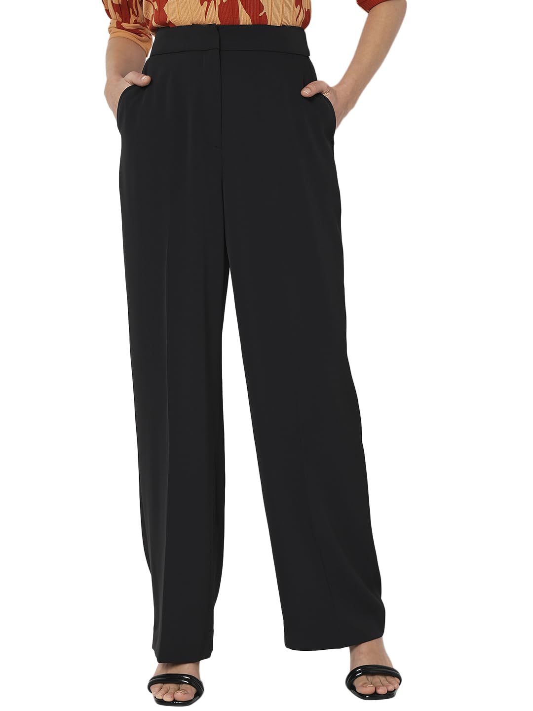 VERO MODA Women Solid Black Polyester Straight Fit High-Rise Pants