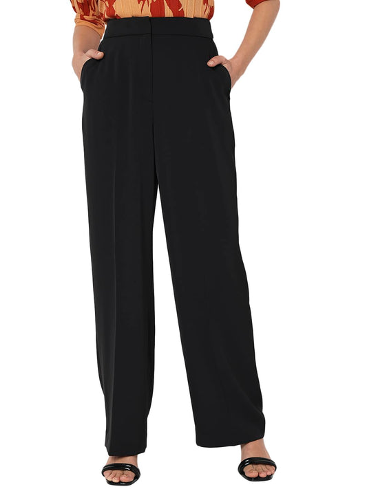 VERO MODA Women Solid Black Polyester Straight Fit High-Rise Pants