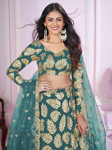 Zeel Clothing Women's Sequins Zari Embroidered Pure Georgette Semi Stitched Lehenga Choli With Dupatta (5120-Teal-Green-Wedding-Stylish-Lehenga-Choli-Latest; Free Size)