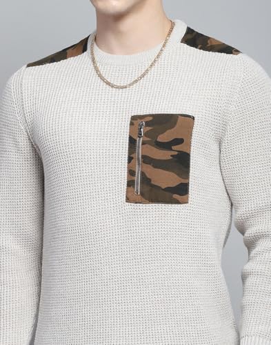 Monte Carlo Mens Self Design Beige Round Neck Full Sleeve Pullover