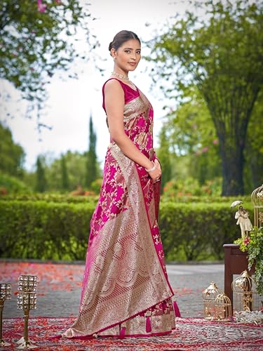 MANOHARI Women's Most Trendy Banarasi Satin Silk Woven Rani Pink Saree With Heavy Jacquard Work Saree With Blouse Piece_MN2047