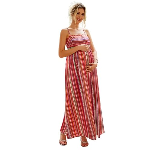 Marivoné® Women Multicolor Striped Maternity Maxi Dress | Sleeveless Spaghetti Strap Boho Pregnancy Summer Dress | XL | Pink