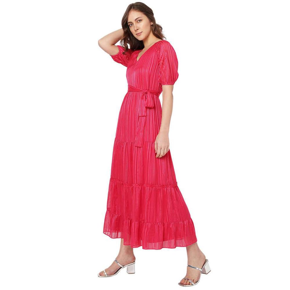 VERO Moda Solid Polyester V Neck Women's Maxi Dress (Pink, XS)