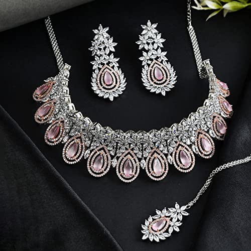 VOYLLA Cz Elegance Dual Tone Brass Made Necklace Set