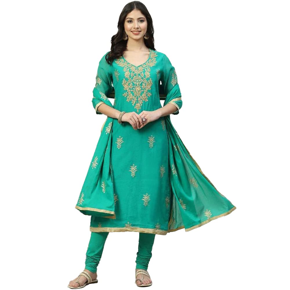 Biba Cotton Women Printed Fitted Salwar Kurta Dupatta(Skdassorted7716_Green_34)