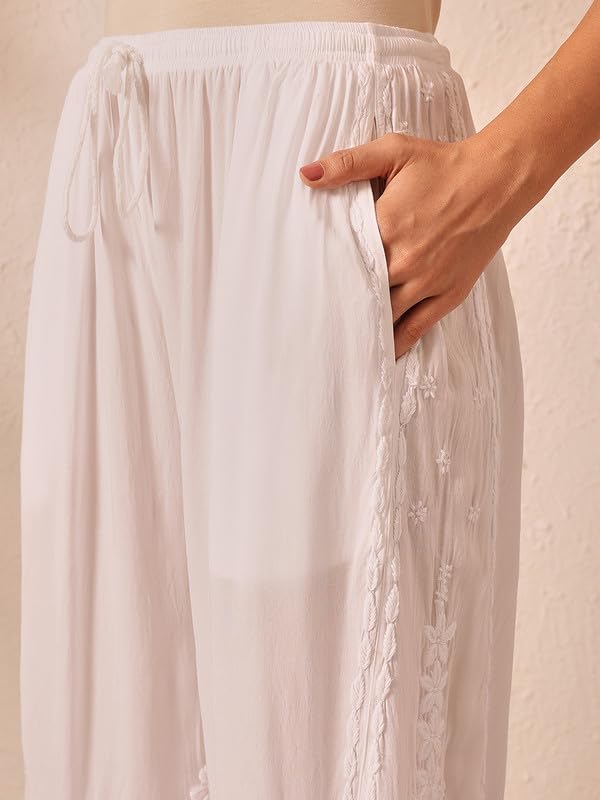 Ada Lucknowi Chikankari Hand Embroidered Modal Flared Palazzo for Women A711198