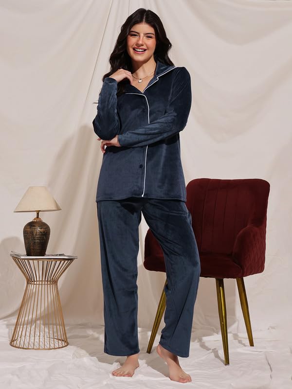 Clovia Women's Velour Button Down Shirt & Pyjama Set (LSW774G08_Navy Blue_S)
