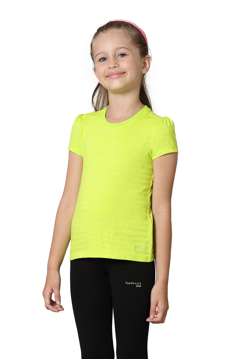 Van Heusen Girls T-Shirt - Power Plus Cotton Modal Spandex - Tonal Stripe, Round Neck, Short Sleeve_56402_Acid Lime_7-8 Years