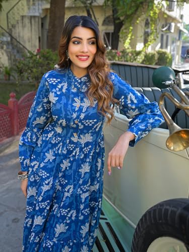 Divena Blue Floral Print Cotton Fabric Flared Dress