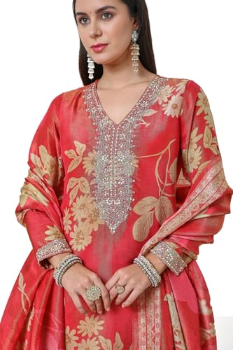 Soch Womens Orange Tissue Floral Print Suit Set with Dupatta