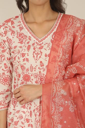 W for Woman White and Orange Floral Printed Pure Cotton Flared Kurta, Pants and Dupatta Set (Size: S)-WS12726-125580