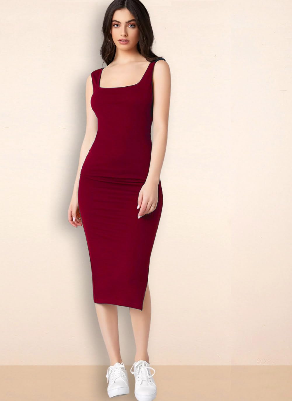 rosery paris Square Neck Sleeveless Black Bodycon Dress for Women and Casual wear (in, Alpha, S, Regular, Cherry Red)