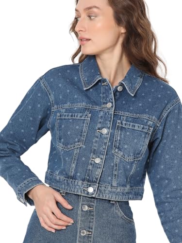 VERO MODA Women Solid Blue Cotton Regular Fit Crop Length Denim Jacket