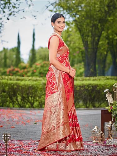 MANOHARI Women's Most Trendy Banarasi Satin Silk Woven Vibrant Red Saree With Heavy Jacquard Work Saree With Blouse Piece_MN2050