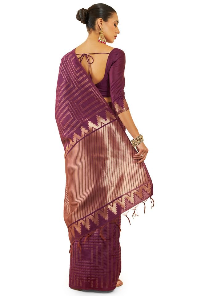 Soch Womens Wine Tussar Saree With Zari Woven Geometric Patterns