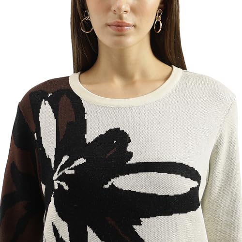 United Colors of Benetton Round Neck Textured Floral Sweater (Size: XS)-25A1099W3M53I901 Beige