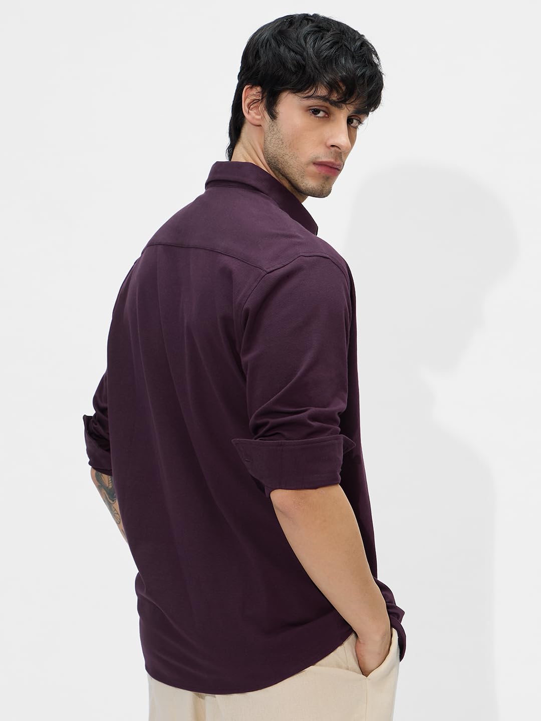 The Souled Store Mulberry Men and Boys Long Sleeves Collared Neck Button Front Regular Fit Cotton Textured Shirts