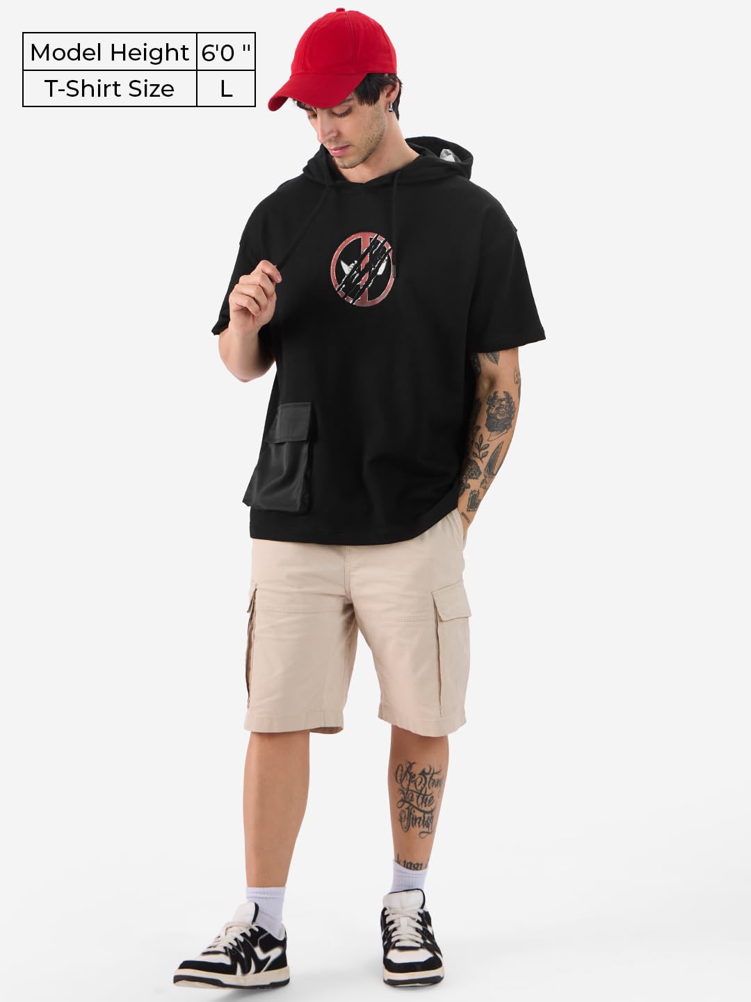 The Souled Store Official Marvel: Deadly Duo Men and Boys Short Sleeves Black Graphic Printed Cotton Oversized Fit Hooded T-Shirts