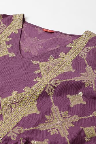 W for Woman Women's Cotton Plus Size Purple Festive Gathered Dress with Sequin Calf Length Orchid - SaumyasStore