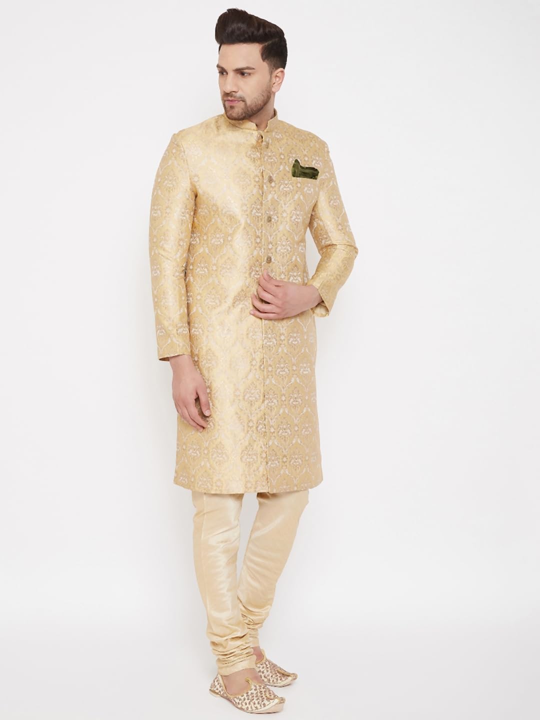 VASTRAMAY Men's Gold Beige Silk Blend Sherwani Set - Brocade Sherwani And Pyjama Set