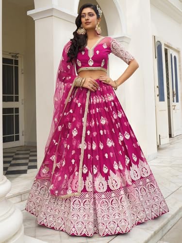 Zeel Clothing Women's Thread Sequins Work Embroidery Net Astonishing Semi-Stitched Lehenga Choli With Dupatta (2134-Pink-Wedding-Women-Lehenga-Choli-Latest; Free Size)