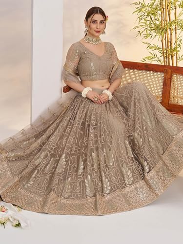 Zeel Clothing Women's Cotton Thread Sequins Work Embroidery Soft Net Lehenga Choli With Dupatta (NFH-2150-Matellic-Grey-Lehenga-Choli; Free size) (Matellic Grey)