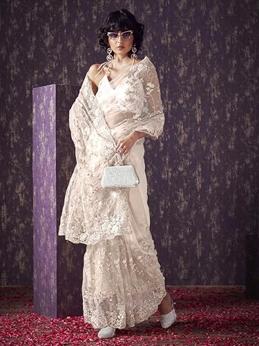 Womanista Women's Net Embroidered Saree (TI6580_Cream)