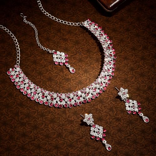 Atasi International Silver Plated Dark Pink and White American Diamond Necklace with Earrings Jewellery Set for Womens and Girls, Perfect for Parties and Festive Occasion (RR4073)