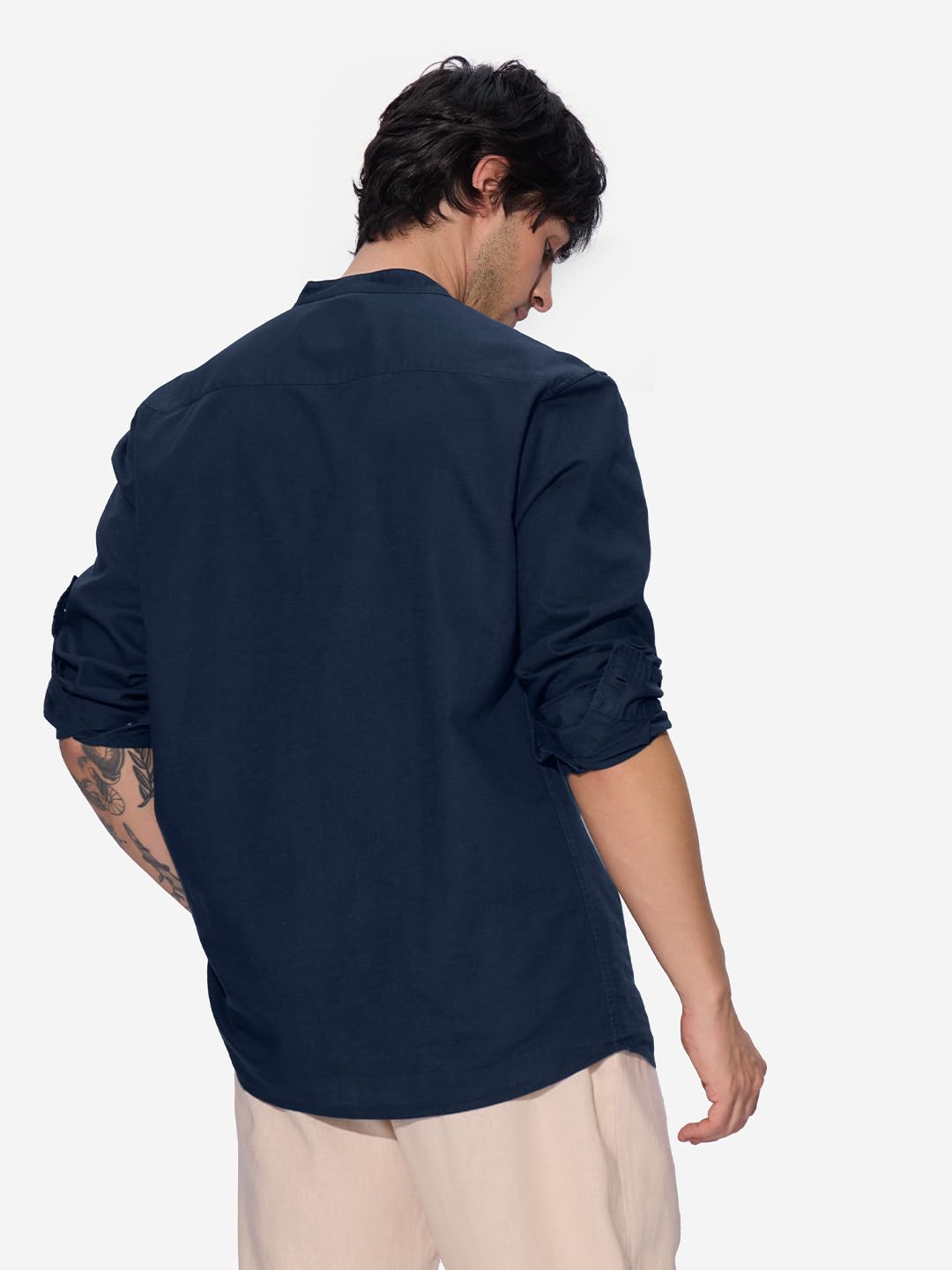 The Souled Store Navy Blue Men and Boys Long Sleeves Mandarian Collared Neck Button Front Regular Fit Cotton Linen Shirts