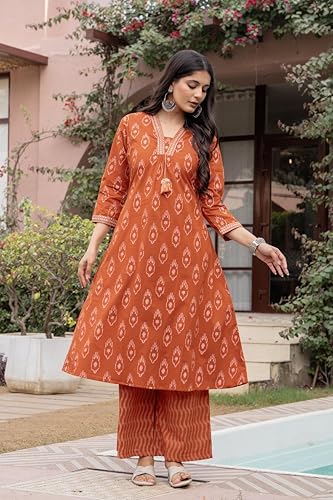 Pistaa's Women's Pure Cotton Anarkali Printed Kurta with Palazzo & Dupatta Set (Rust, XXX-Large)
