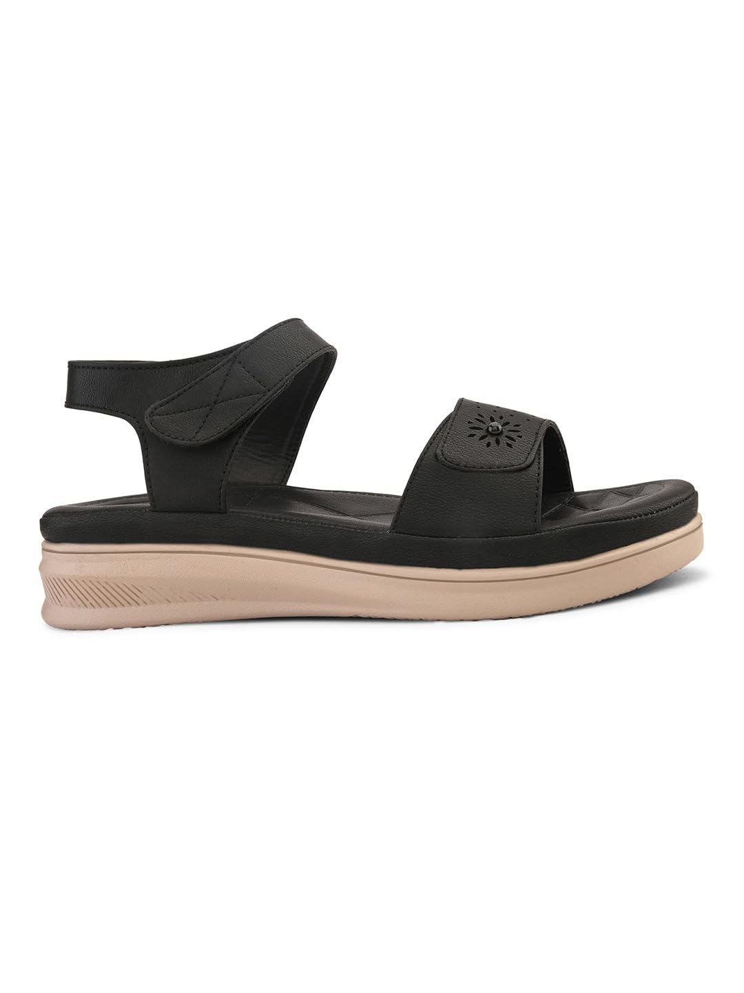 XE Looks Women's Black Comfort Stylish & Trendy Sandal with Perforated Strap & Adjustable Back Closure