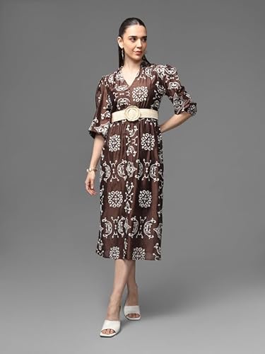 Kazo Cabo Midi Dress with Belt (Brown_XL)