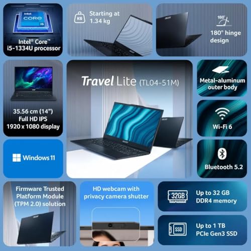 acer TravelLite Smart FHD TL04-51M Laptop, Intel Core i5 1334u 13th Gen 8 Core with 8GB Ram / 512GB NVMe SSD/Intel Iris Xe Graphics/Windows 11/14 Inch / 3 Year Brand Warranty