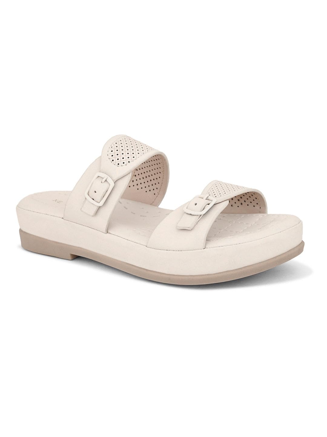 XE Looks Elegant Light Cream Stylish Buckle Sandals - Perforated Comfort for Everyday Style