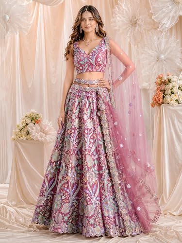 Zeel Clothing Women's Sequins Embroidered Work Soft Net Lehenga Choli With Dupatta (6020-Pink-Women-Lehenga-Choli; Free size)