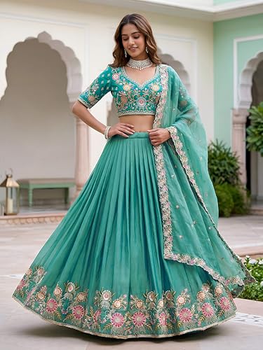 Zeel Clothing Women's Zari Sequins Embroidered Work Crush Silk Lehenga Choli With Dupatta (5138-SkyBlue-Women-Lehenga-Choli; Free size)