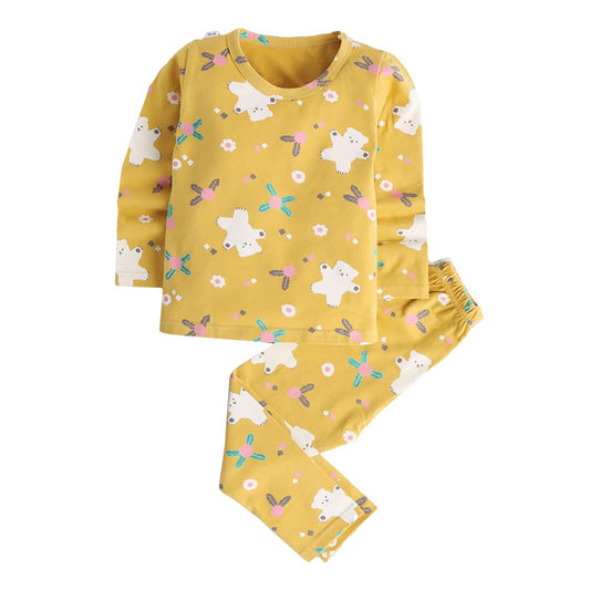Hopscotch Cotton Unisex Animal Print Top Pajama Set In Mustard Color For Ages 12-24 Months