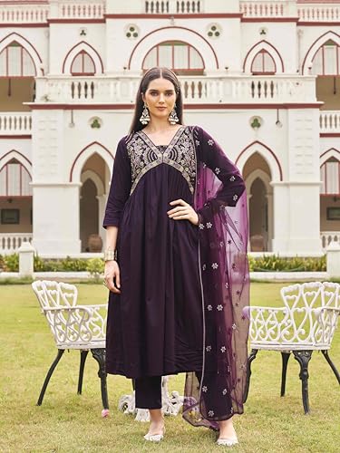 Womanista Women's Wine Cotton Blend Multi Flared Alia Cut Kurta with Pant and Dupatta (Kurtaset_1304_XXL)