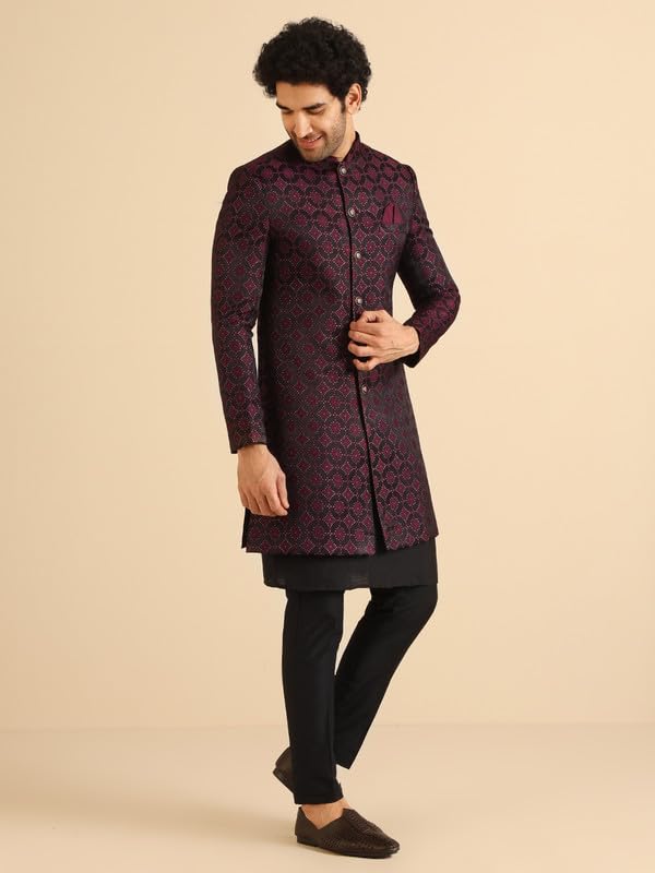 KISAH Sherwani Set for Men – Silk Blend Woven Jacquard Indo Western Sherwani with Kurta and Trouser | Designer Ethnic Outfit for Weddings & Festivals, Burgundy, 42