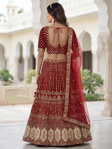 Zeel Clothing Women's Zari, Dori, and Resham With Sequins Embroidered Work Organza Lehenga Choli With Dupatta (5113-Maroon-Women-Lehenga-Choli-Latest; Free size)