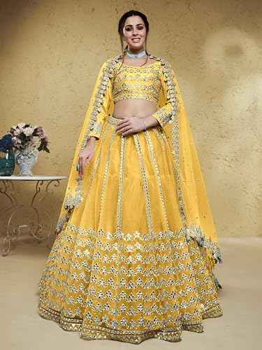 Zeel Clothing Women's Foil Embroidered Net Lehenga Choli With Dupatta (5029-Yellow-Womens-Lehenga-Choli-Latest,Free size)