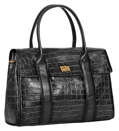 eske Noah Flap Handbag for Women Genuine Leather Satchel with Twist Lock Closure Dual Handles Detachable Sling Strap 1 Compartment Zipper and Slip Pockets Office Purse (Black)