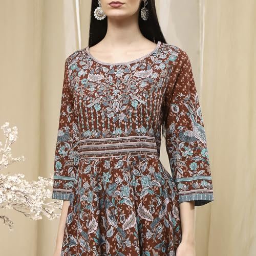 BIBA Women's 60'S Cambric Kurta Set (SKDKLMR8356ESS25BRN_Brown