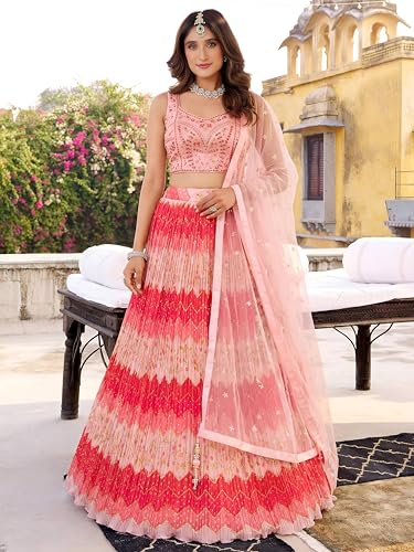 Zeel Clothing Women's Chinon Silk Embroidered Mirror Work Lehenga Choli with Dupatta (115-Pink-Women-New-Lehenga-Choli; Free Size; Pink)