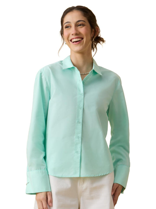 The Souled Store Easy Solids: Spearmint Women and Girls Full Length Spread Collar Mint Green Solid Cotton Blend Relaxed Fit Metal Ring Detail Wrinkle-Resistant Lightweight Everyday Shirt