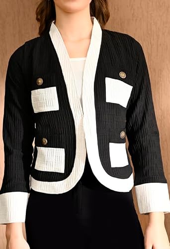 OFFICE PURPLE Women's Crepe Fabric Blazer | Textured Formal Jacket | Two-Tone Office Wear Coat | Stylish Women's Jacket for Office, Party, and Casual Wear (Black, L)