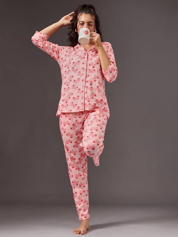 Clovia Women's Cotton Printed Button-Down Shirt & Pyjama Set (LS5585G34_Peach_L)