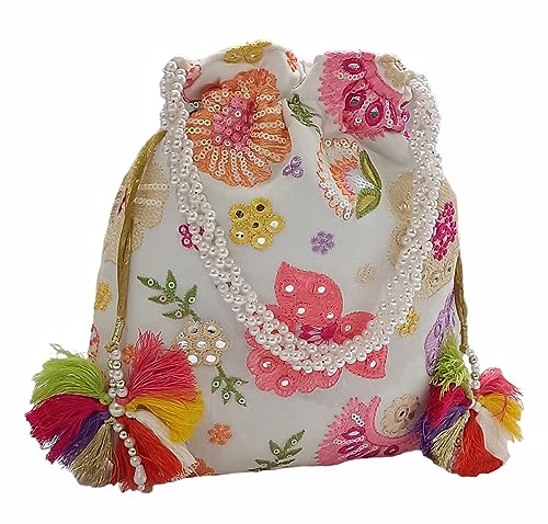 DUCHESS Women's Embroidered Polti Bag with Pearl Handle and Tassel - Bridal Ethnic Traditional Casual Purse/Clutch/Handbag, (21 L X 2 W X 23 H C, Multi)