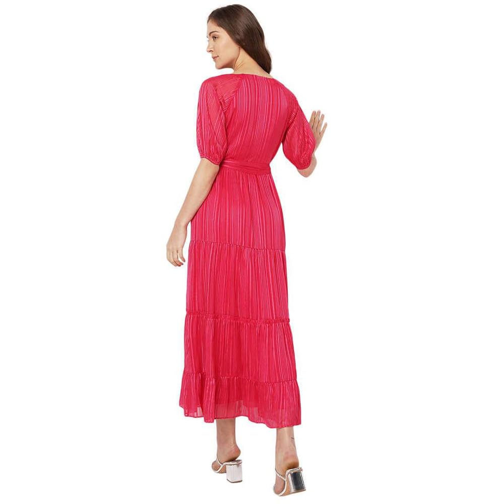 VERO Moda Solid Polyester V Neck Women's Maxi Dress (Pink, XS)