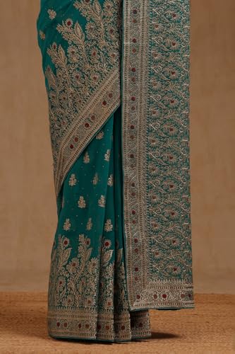 Soch Womens Turquoise Blue Georgette Embroidered Saree With Zari